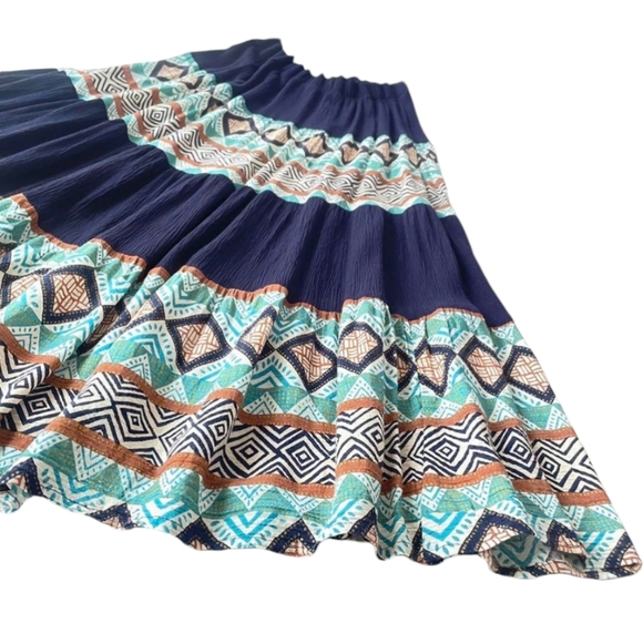 Vtg Boho Tiered Broom Skirt Blue Southwestern Aztec Midi Maxi - Picture 10 of 10